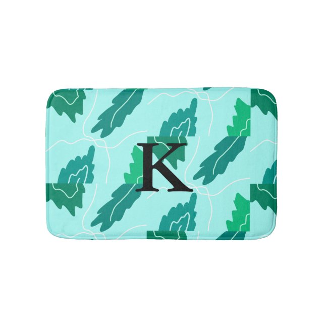 Green turquoise leaves floral pattern add monogram bath mat (Front)