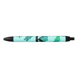 Green turquoise leaves floral pattern add monogram black ink pen