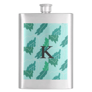 Green turquoise leaves floral pattern add monogram hip flask