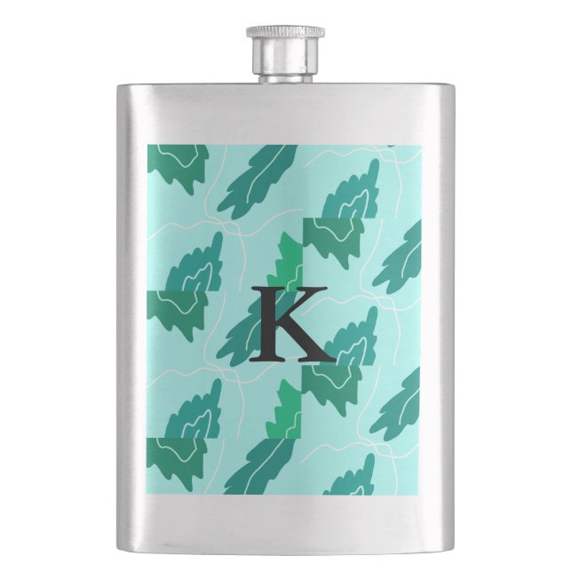 Green turquoise leaves floral pattern add monogram hip flask (Front)