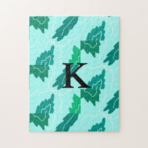 Green turquoise leaves floral pattern add monogram jigsaw puzzle