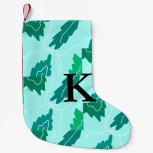 Green turquoise leaves floral pattern add monogram small christmas stocking