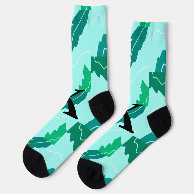 Green turquoise leaves floral pattern add monogram socks (Left)