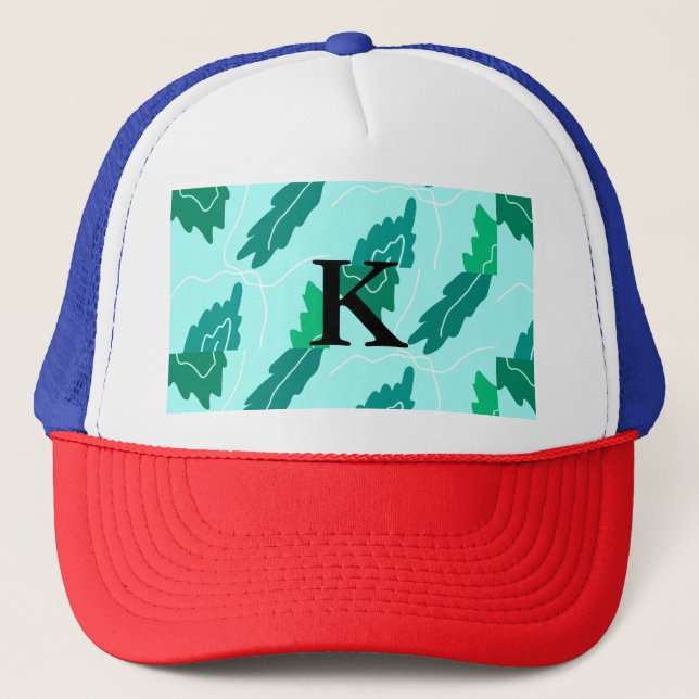 Green turquoise leaves floral pattern add monogram trucker hat (Front)