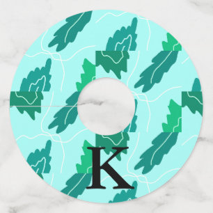 Green turquoise leaves floral pattern add monogram wine glass tag