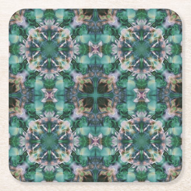 Green-turquoise ornament square paper coaster (Front)