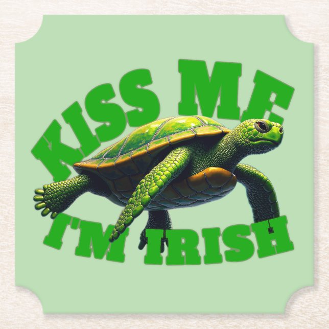 Green Turtle - Kiss Me I'm Irish Paper Coaster (Front)