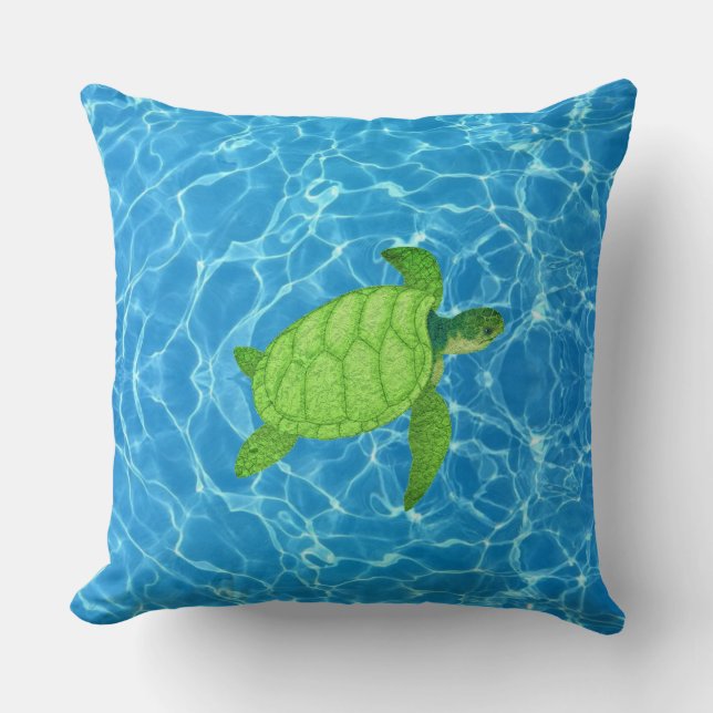 Green turtle on turquoise water cushion (Front)