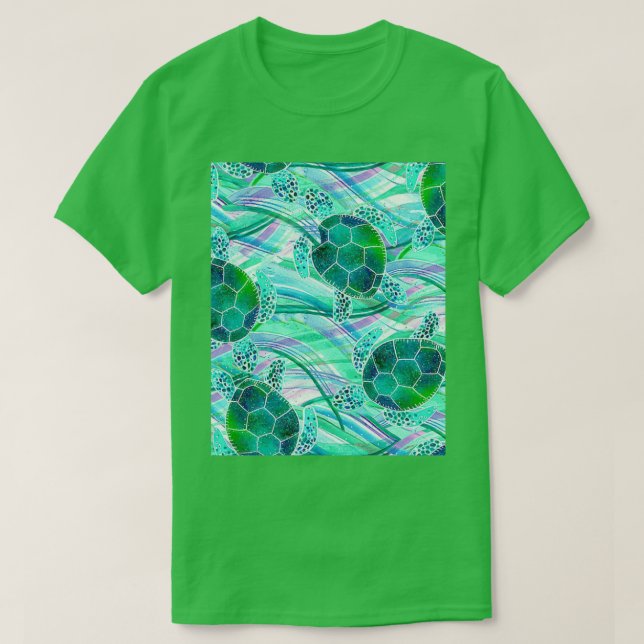 Green Turtles On Abstract Waves Pattern T-Shirt (Design Front)
