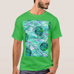 Green Turtles On Abstract Waves Pattern T-Shirt