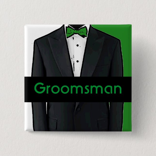 Green tuxedo customisable groomsman button (Front)