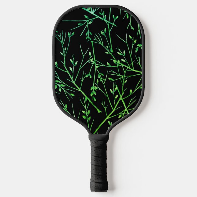 Green Twigs on Black Pickleball Paddle (Front)