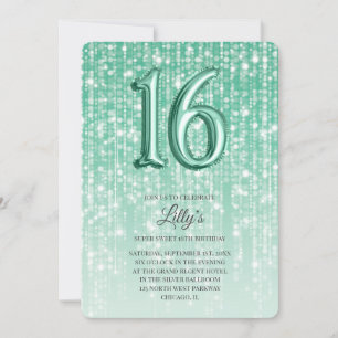 Green Twinkle Lights Foil Balloon 16th Birthday Invitation