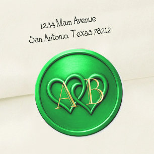 Green Two Hearts Intertwined Monogram Wedding Classic Round Sticker