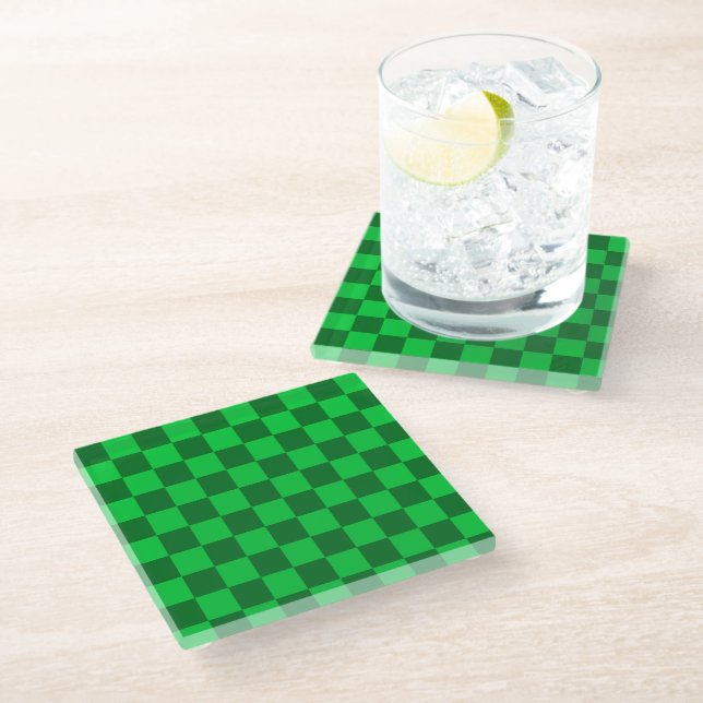 Green Two Toned Chequerboard Pattern Glass Coaster (Angled)