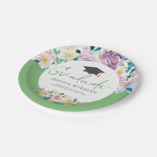 Green Typography Graduate-Summer Flowers Paper Plate
