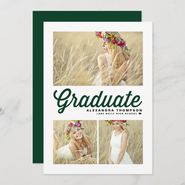 Green Typography Merry Christmas Three Photo Holiday Card (Front/Back)