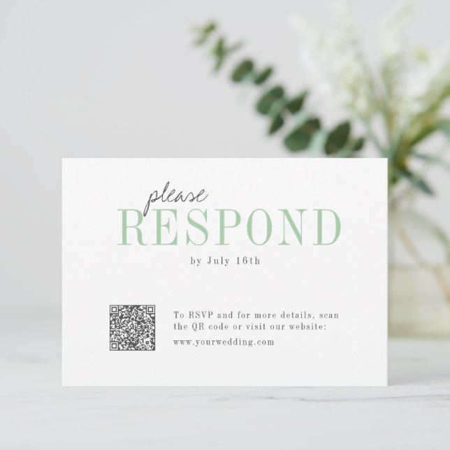 Green typography minimalist QR code wedding  RSVP Card (Standing Front)