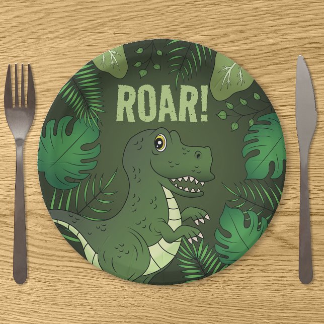 Green Tyrannosaurus Rex T-rex Tropical Birthday Paper Plate (Creator Uploaded)