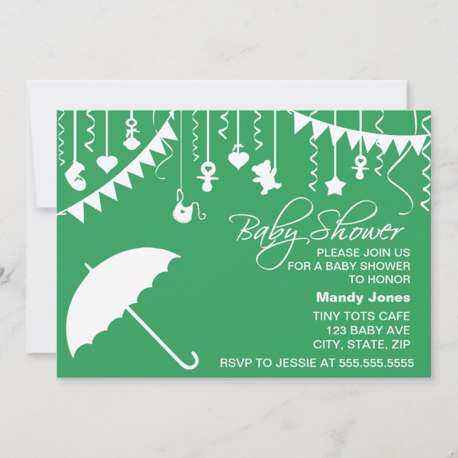 Green umbrella modern baby shower invitations (Front)
