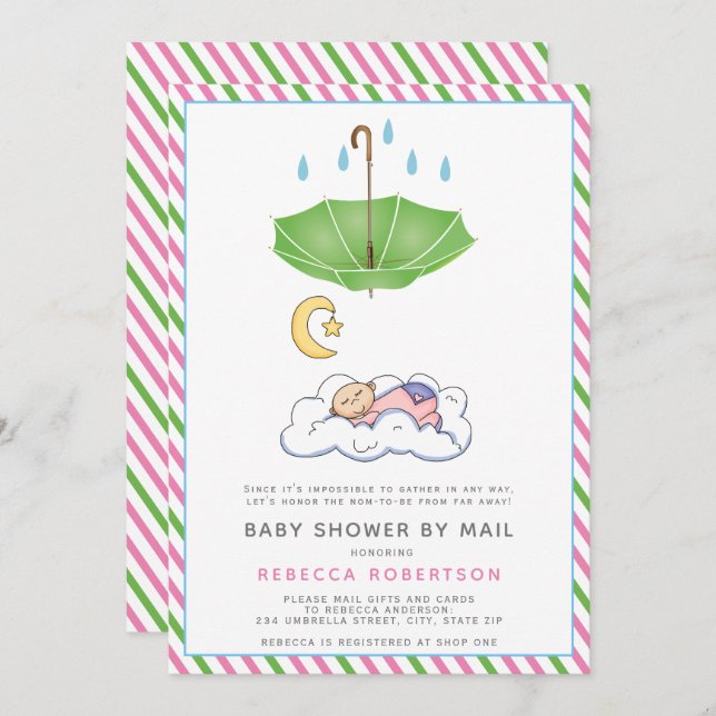 Green umbrella, sleeping baby girl shower by mail invitation (Front/Back)