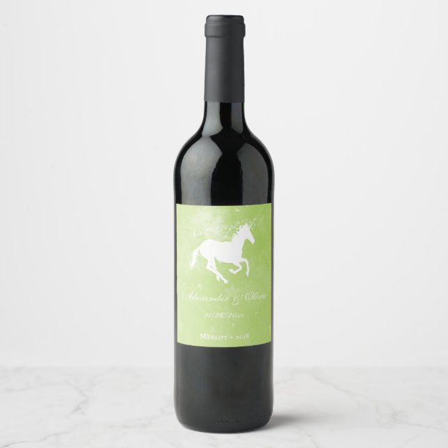 Green Unicorn Wedding Wine Label (Front)