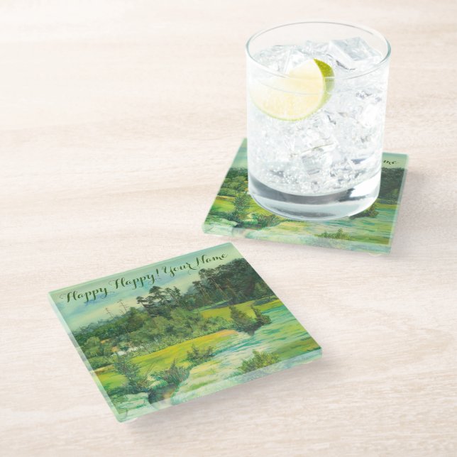 green valley painting Watercolor Glass Coaster (Angled)