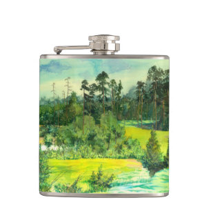 green valley painting Watercolor Hip Flask