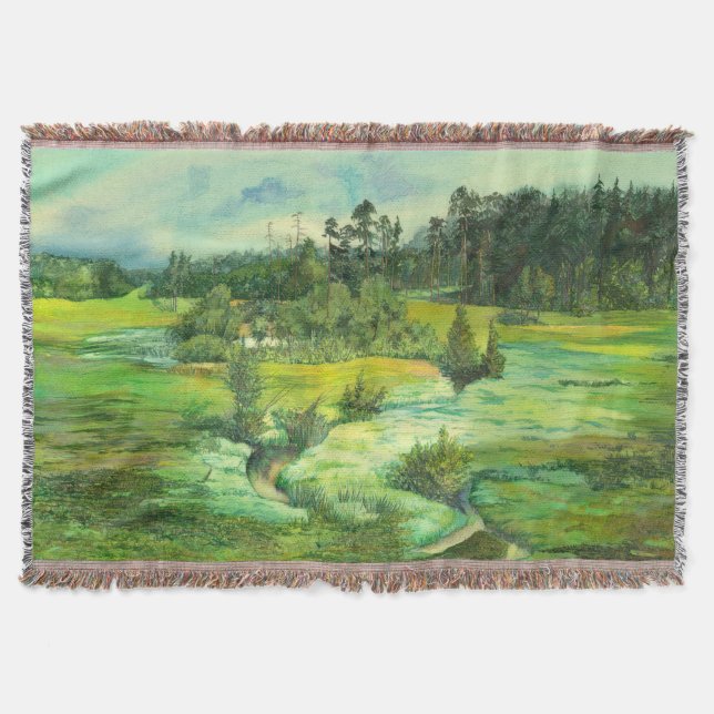 green valley painting Watercolor Throw Blanket (Front)