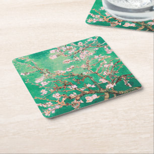 Green Van Gogh Almond Blossoms Square Paper Coaster