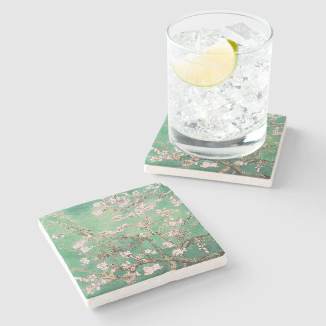 Green Van Gogh Almond Blossoms Stone Coaster (Side)