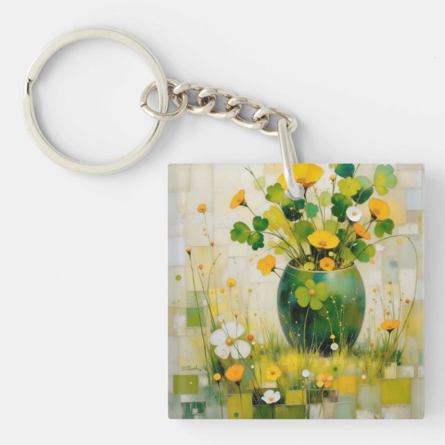 Green Vase of Irish Flowers & Shamrocks Key Ring (Front)