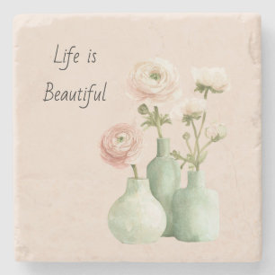 Green Vase Pink Ranunculus Flowers Stone Coaster