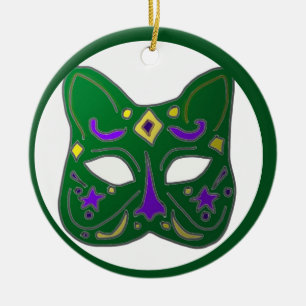 Green Venetian Cat Mask Design Ceramic Tree Decoration