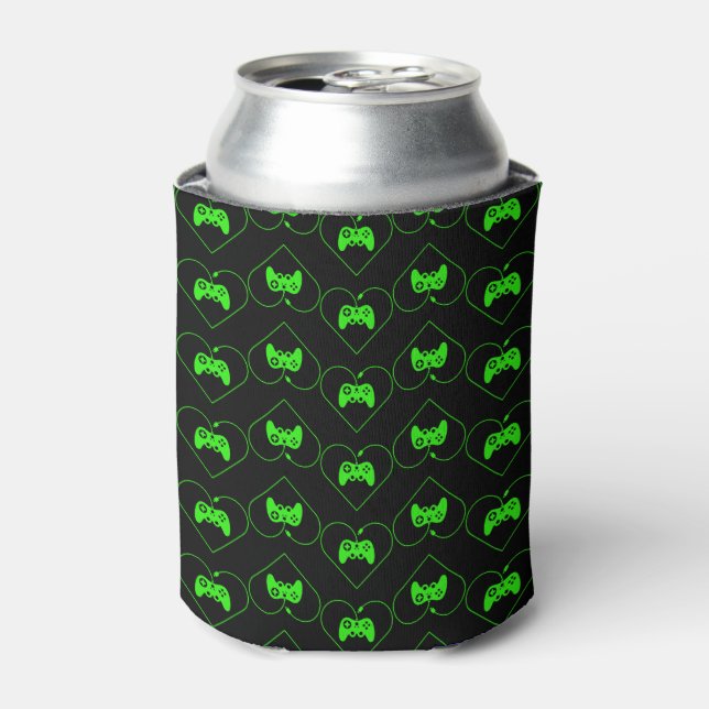 Green Video Game Controller Heart Pattern Can Cooler (Can Front)