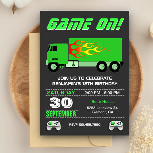 Green Video Game Truck Birthday Party Invitation
