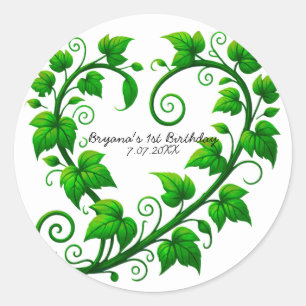 Green Vine Heart Leaves Birthday Party Classic Round Sticker