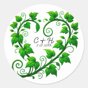 Green Vine Heart Leaves Wedding Classic Round Sticker