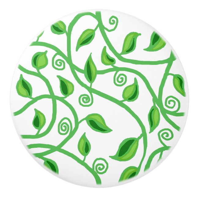Green vine leaves tendrils ceramic knob (Front)