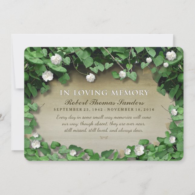 Green Vine White Floral Memorial Service Invite (Front)