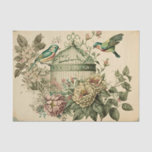 Green Vintage birds and flower birdcage decoupage Tissue Paper
