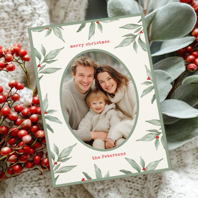 Green Vintage Botanical Photo Merry Christmas Holiday Card (Creator Uploaded)