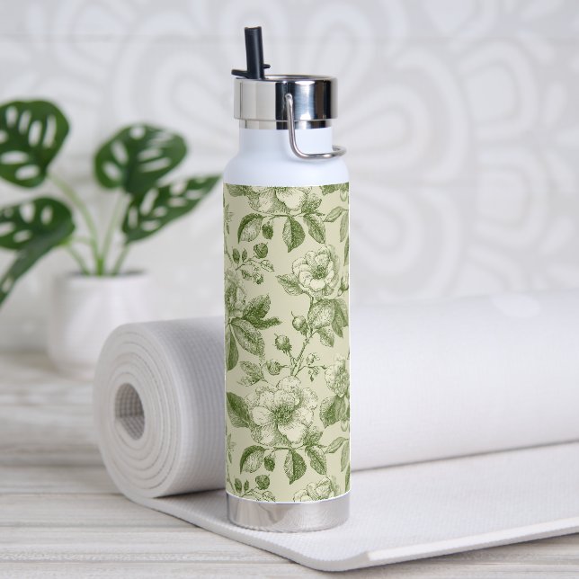 Green Vintage Botanical Toile Pattern Water Bottle (Yoga)