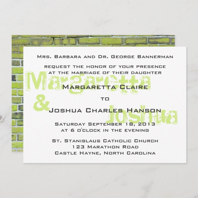 Green Vintage Brick Graffiti Wedding Invitation (Front/Back)
