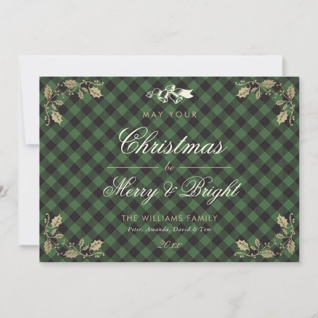 Green Vintage Buffalo Plaid Photo Christmas Cards (Front)