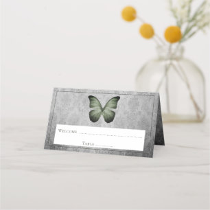 Green Vintage Butterfly Damask Reception Place Card