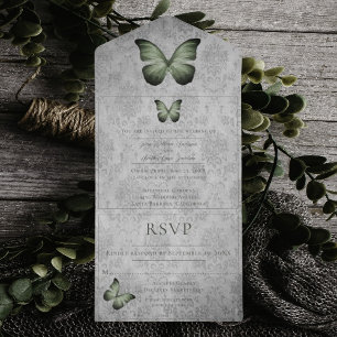 Green Vintage Butterfly Damask Wedding All In One Invitation