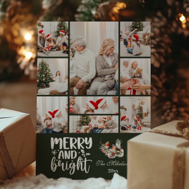 Green Vintage Christmas 9 Photo Family  Holiday Card (Creator Uploaded)