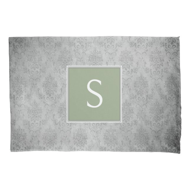 Green Vintage Damask Monogram Pillowcase (Front)