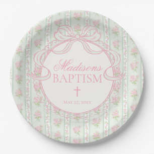 Green Vintage Fancy Floral Baptism Paper Plate